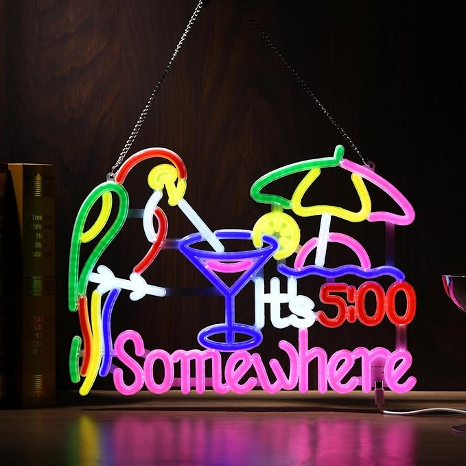 Its 5 00 O'clock Some Where Neon Sign, USB Powered, 11.4"×11" Dimmable Metal LED Neon Lights, Wall Decor for Bedroom, Party Pub, Kids' Room, Home Decoration, Man Cave, Gaming Room