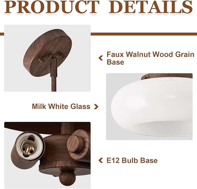 Mid-Century Modern Faux Walnut Wood Semi Flush Mount Ceiling Light, 3-Light Kitchen Light Fixtures with Glass Shade for Entryway Hallway Bathroom Bedroom (12.6 Inch)