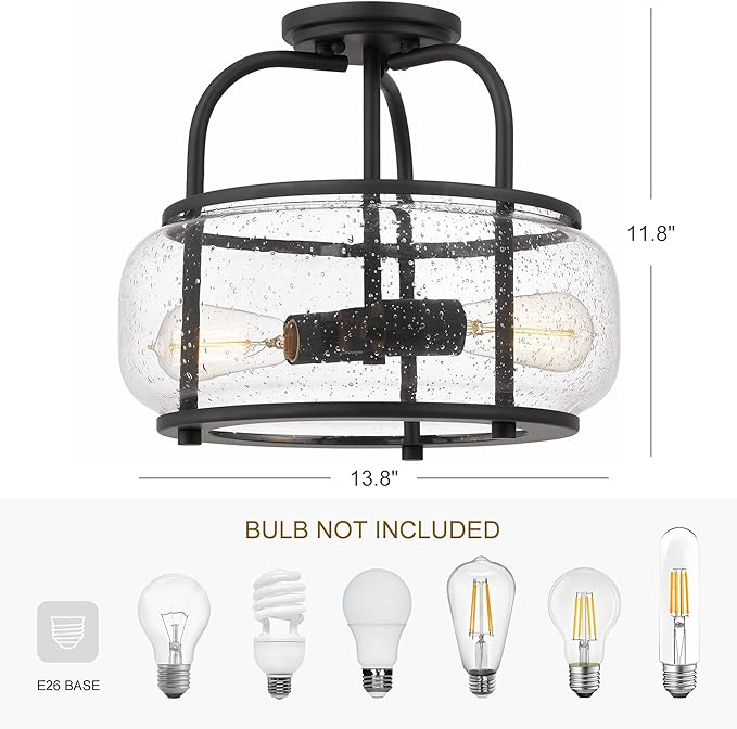 Elisha 2-Light Semi Flush Mount Ceiling Light with Seeded Glass Shade Dark Bronze Finish for Hallway, Entryway, Passway, Dining Room, Bedroom, Garage, Kitchen, Balcony