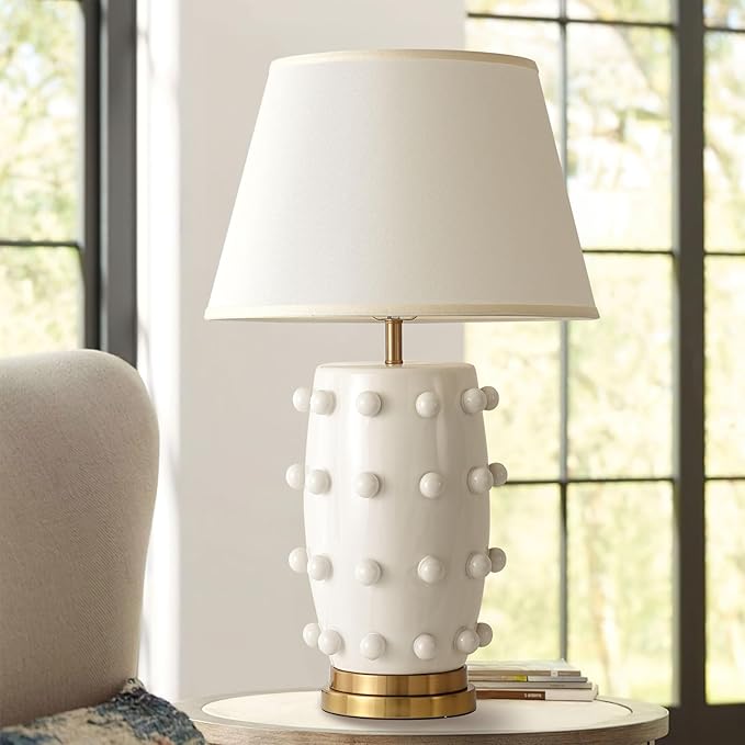 30" Modern Ceramic Table Lamp - Large White Ball Farmhouse Design with Drum Shade, Ideal for Living Room, Bedroom, and Office Decor
