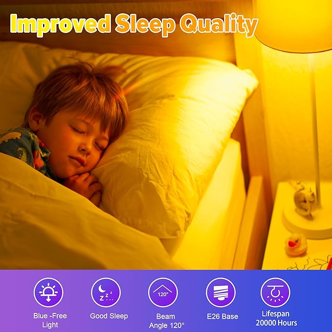Amber Sleep Light Bulbs, Blue Light Blocking, A19 9W(60 Watt Equivalent) Dim Light Bulbs for Lamp, 1800K Warm Light Bulb, E26 for Healthy Sleep Bedroom Kids Room, 4.30X2.35X2.35 Inch, 2 Pack