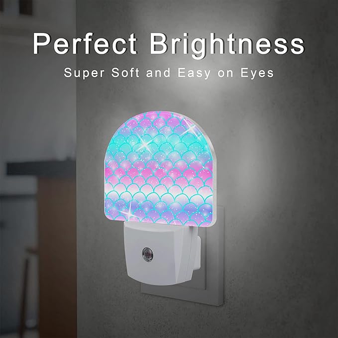Rainbow Glitter Mermaid Scales Night Light Plug into Wall,Watercolor Pink Purple Teal Fish Scale Dusk to Dawn Night Light,0.5w Energy Saving Nightlights for Kids Boys Girls Home Decor