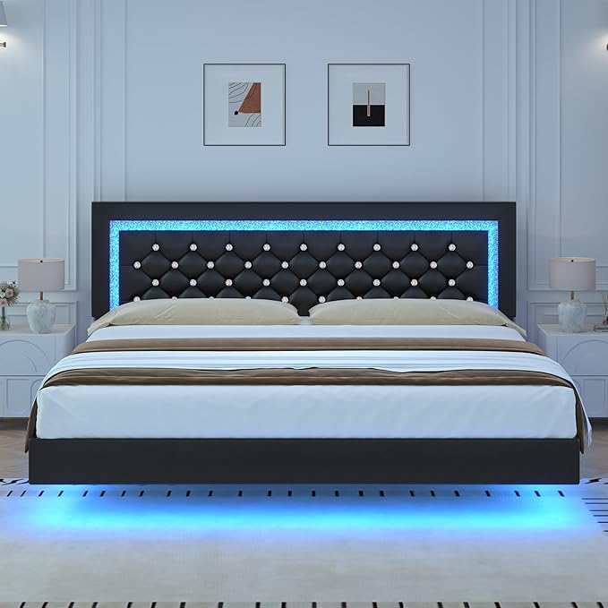 BarnFurin Floating Bed Frame King with LED Lights, Upholstered Platform Bed with Diamond Tufted Headboard, No Box Spring Needed, Noise Free, Easy Assembly, Black