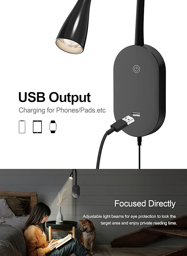 deeloop LED Wall Mount Reading Light for Bed, Reading Lamp with USB Output 5 Brightness Levels Touch Control Book Lights, 4000K Bedside Lamp Flexible Head Rotation, 2 Easy Install Options