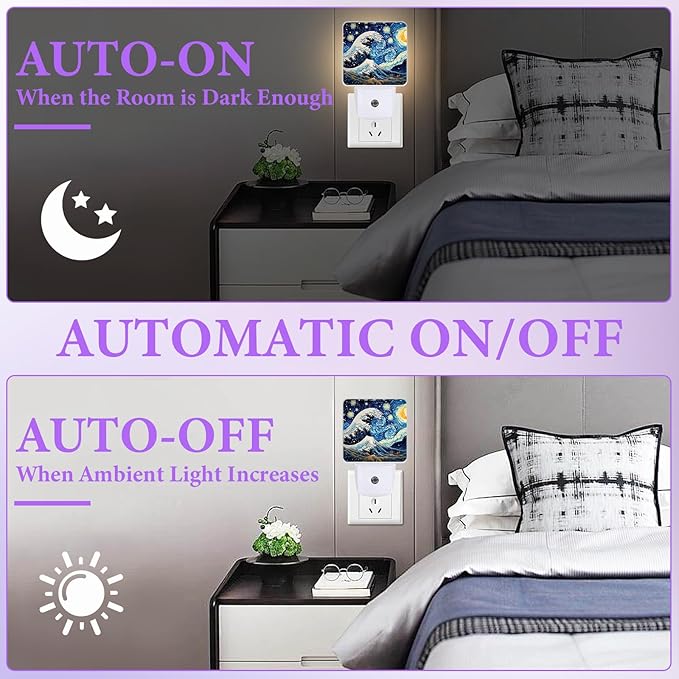 Japanese Sea Waves Night Light,Plug-in Night Lights with Dusk-to-Dawn Sensor for Bedroom,Bathroom and Living Room Sleep Friendly lamp 0.5w