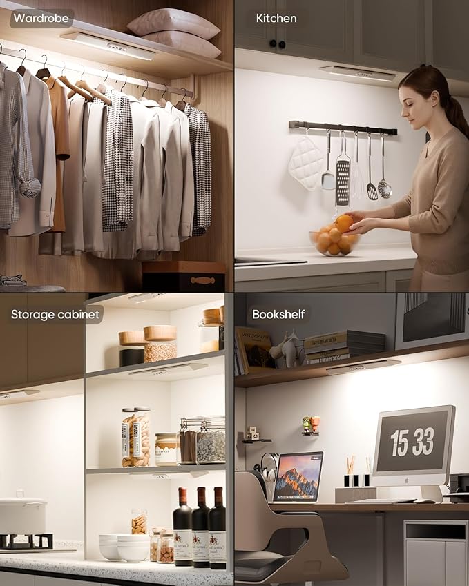 Motion Sensor Closet Lights, Eye Protection Design with Remote, 3 Color Temps & Dimmable, Rechargeable Magnetic Cabinet Lighting for Kitchen, Wardrobe, Shelf, Pantry