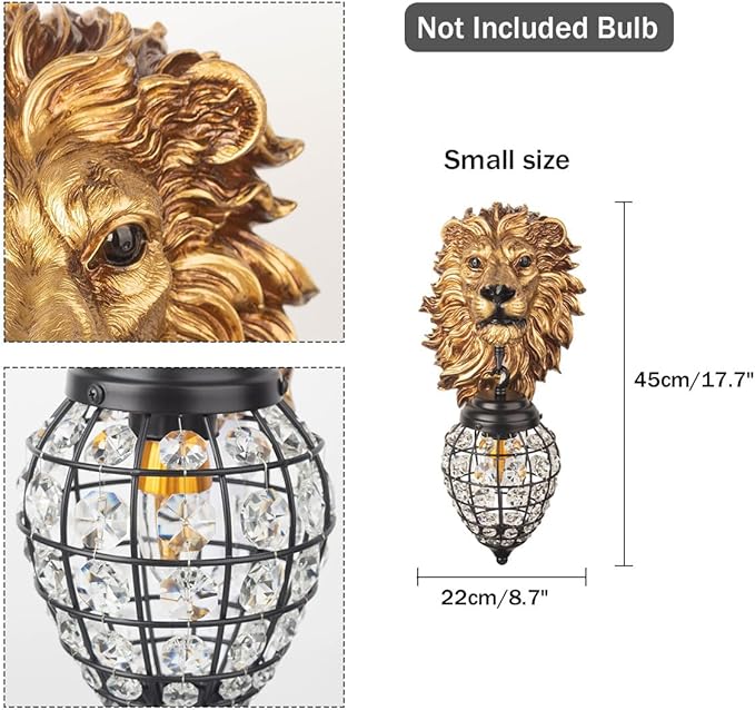 Crystal Glass Wall Sconce 1-Light Gold Resin Lion Head Wall Sconce Art Deco Wall Light Animal Wall Lamps Black Indoor Sconce for Living Room Bedroom Hallway Stairwell