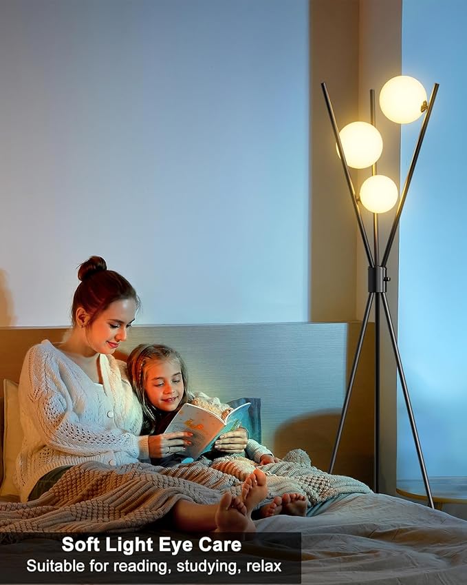 Lightdot 60IN Dimmable Black Tripod Floor Lamp, Mid Century Standing Lamps with 3 Globe Soft Warm White Eye Care 3000K Bulbs Included, Modern Tall Lamp for Living Room Bedroom