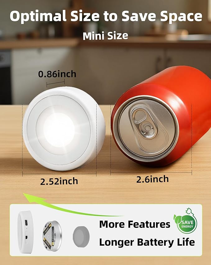 EZVALO LED Puck Lights, Rechargeable Sitck On Tap Lights, Wireless Closet Light, 3 Color Temps, Under Cabinet Lights, 2.5'' Mini Touch Light, Ideal for Kitchen,Closet,Pantry,Shelves,Camper(6 Pack)