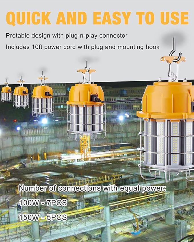 LED Temporary Work Light 100W LED Construction Lights 12,000lm 5000K Daylight Stainless Steel Guard Portable Hanging Work Lighting Workshop Jobsite Light Outdoor