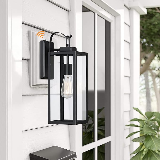 Pia Ricco Large Size Outdoor Wall Lights, Dusk to Dawn Matte Black Exterior Light Fixture with Clear Glass Shade, Waterproof Front Porch Lighting, Modern Sconces Lantern for House, Garage, ETL Listed