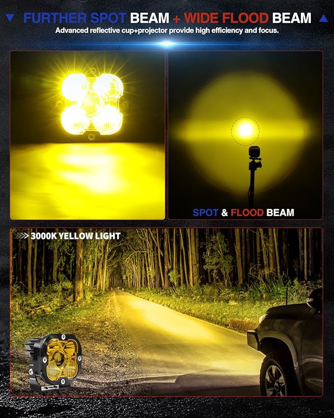 3 inch Yellow LED Fog Light Pods for Offroad Trucks Pickup Motorcycle UTV Amber Ditch/Rear Chasing/A-Pillar Lights 3000K 2PCS(+DT Wiring Harness)