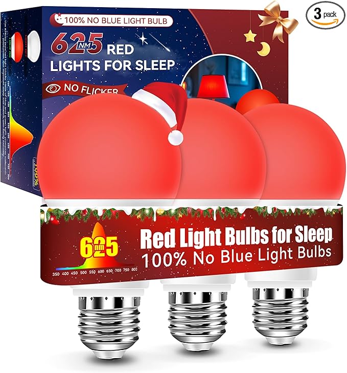 Neporal 625nm Red Light Bulbs for Sleep 3W, 100% Blue Light Blocking Light Bulbs for Melatonin Promoting, A19 LED 40W Equivalent Dim Red Night Light Bulb for Baby Nursery, Sleeping, Reading, 3-Pack