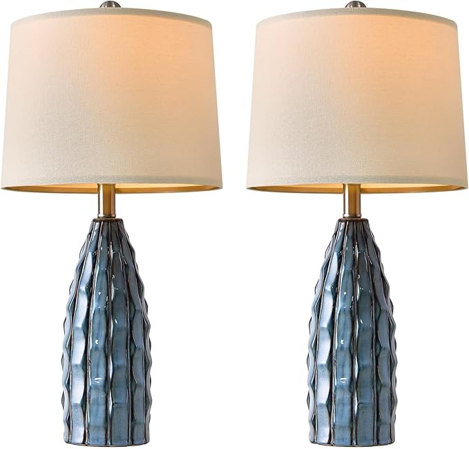Ceramic Table Lamps Set of 2, 23.75" Modern Farmhouse Bedside Lamp - Blue Nightstand Lamps for Bedroom, Boho Living Room End Tables, Small Office Desk Lamp Decor