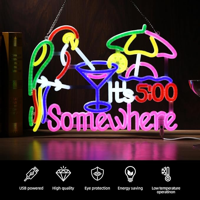 Its 5 00 O'clock Some Where Neon Sign, USB Powered, 11.4"×11" Dimmable Metal LED Neon Lights, Wall Decor for Bedroom, Party Pub, Kids' Room, Home Decoration, Man Cave, Gaming Room