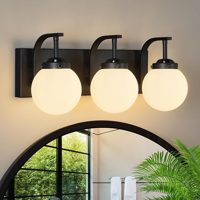 3 Lights Bathroom Vanity Light Fixtures Modern Sand Black Vanity Light with Milk White Glass Globe Shade Bathroom Lighting Over Mirror Wall Sconce for Bedroom Living Room Hallway