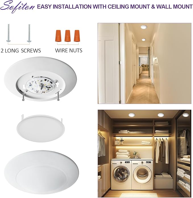 LED Disk Lights 6 Inch, 15W Surface Mount LED Ceiling Light 1050LM, 3000K, 120V, Dimmable, CRI90+, Flush Mount Disc for Kitchen, Closets, Bathroom, ETL Listed, 12Pack