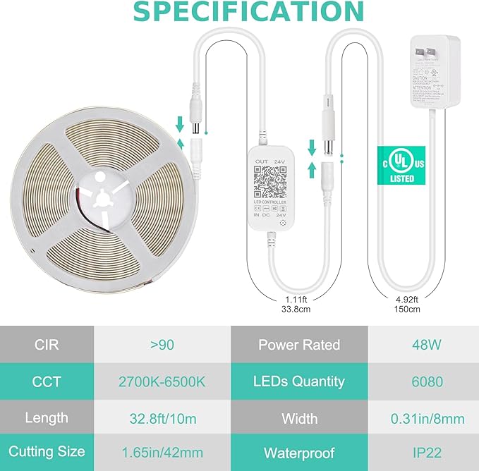 COB LED Strip Light White, Dimmable 2700K-6500K High Density 24V Flexible LED Tape Light with Remote and APP Control, UL-Listed White led Strip Lights for Bedroom,1 Rolls of 32.8ft