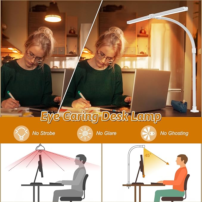 Double Head LED Desk Lamp with Remote Control for Home Office 24W Brightest Computer Desk Light for Workbench Drafting Architect Study Reading with Clamp and Base