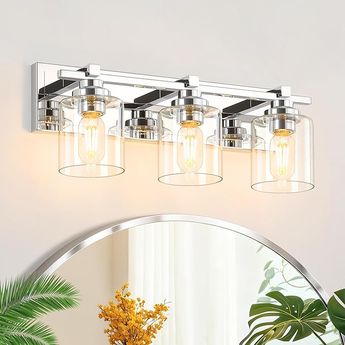 3 Light Modern Bathroom Light Fixtures Over Mirror, Chrome Vanity Lights for Bathroom Wall Sconces with Clear Glass Shades, E26 Socket (Bulbs Not Included)