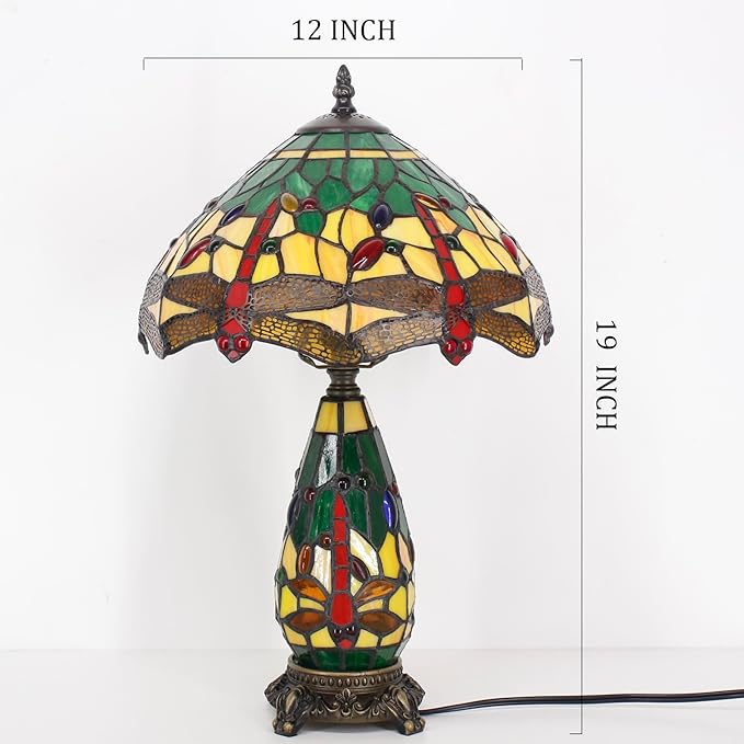Tiffany Lamp Stained Glass Table Lamp 12X19 Inches Mother Daughter Vase Desk Accent Night Light for Bedroom Bedside Reading Home Antique Style(Green Yellow)