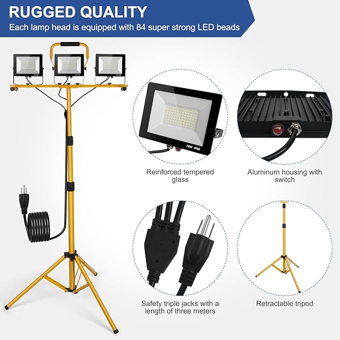21000Lumens LED Work Lights with Stand, 3 Adjustable Work Lamp Head with Individual Switch, IP66 Waterproof Tripod Work Light for Outdoor Indoor Job Site Workshop Garage Construction Site