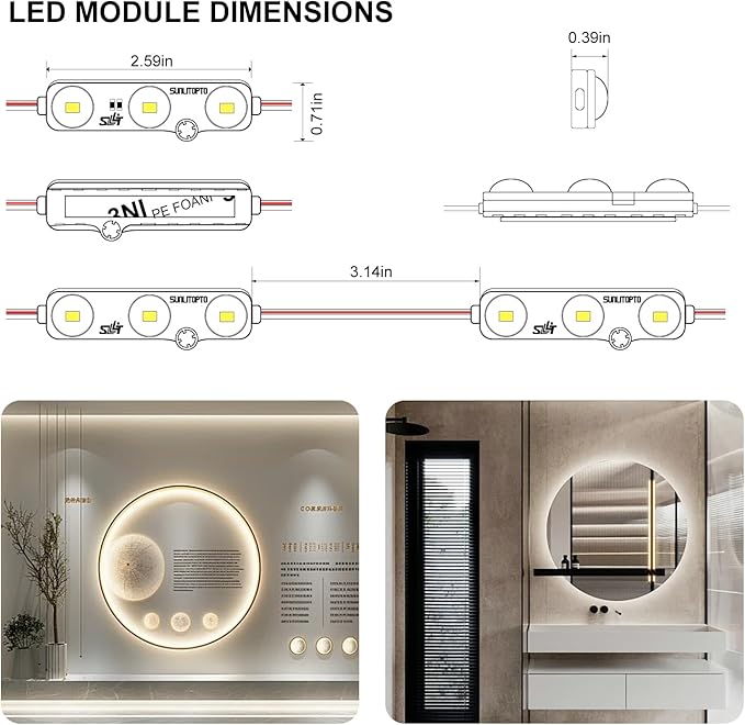 LED Module, Window Mirror Light White100pcs 50 Ft 2835 SMD LED Module Waterproof Light for Letter Sign Advertising Signs with Tape Adhesive Backside (Cool White)