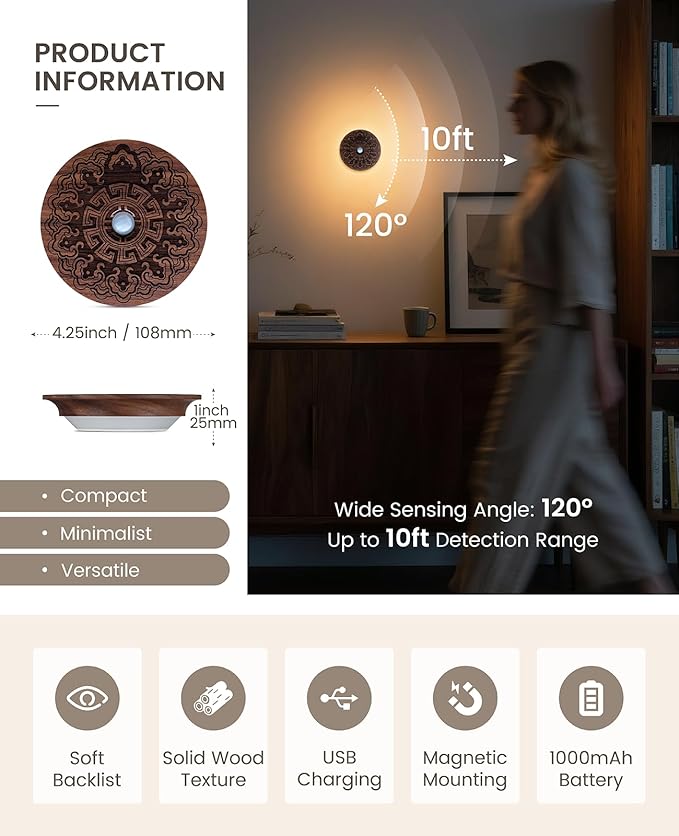 Motion Sensor Night Light Wood USB Rechargeable Stick-On Step Lights Magnetic Small Wall Lights for Hallway Bedroom Living Room Stair (Carved Black Walnut *1Pack)