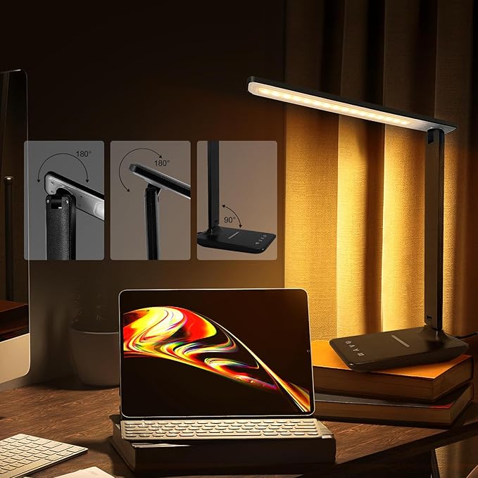 White crown LED Desk Lamp with 15W Wireless Charger & USB Port, Dimmable Table Lamp with 5 Lighting Modes, Sensitive Touch Control, Foldable & Portable Desk Light for Home, Office, Bedroom, Reading