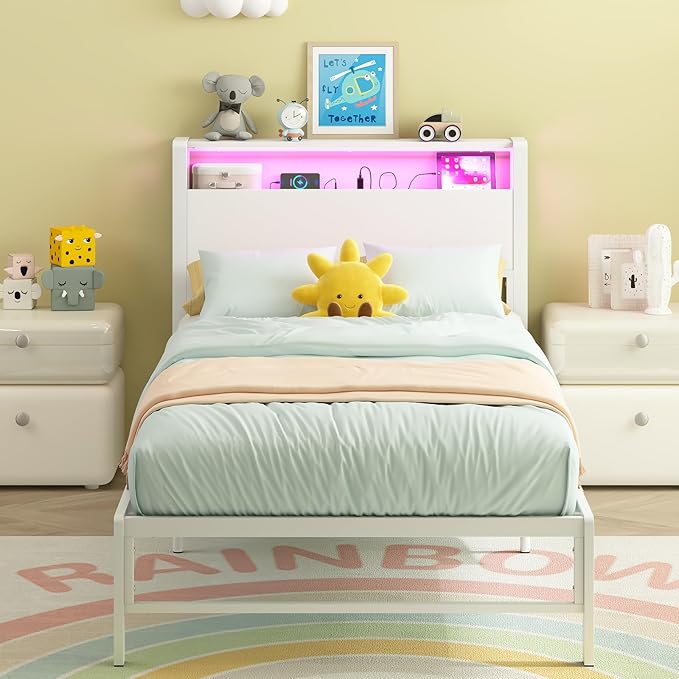Weehom Twin Bed Frames with 2 Tiers Wood Storage Shelves Headboard, Twin Size Bed with Charger Stations and LED Light Under Bed Storage Space Platform Bed for Kids, Girls and Adults, White