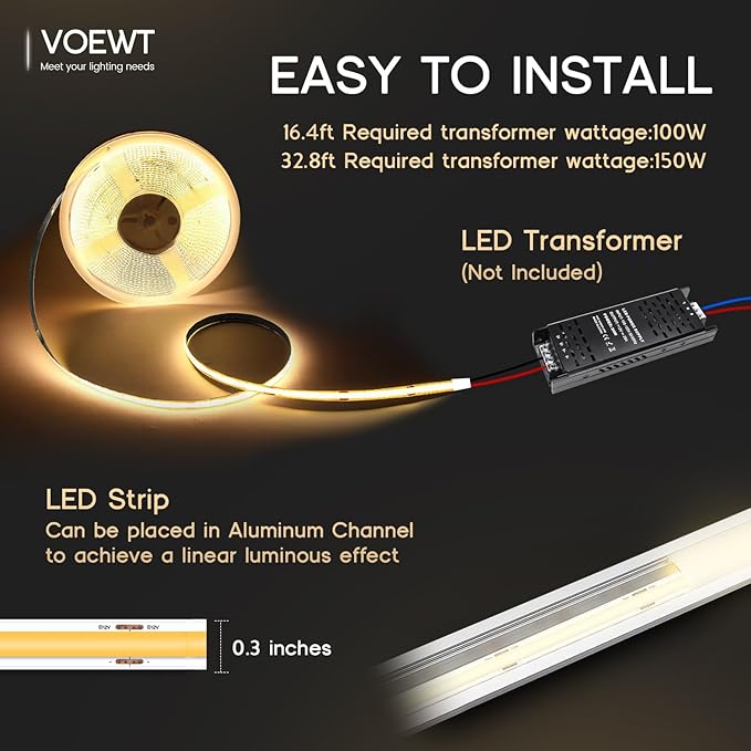COB LED Strip Lights Daylight White 6000K,32.8ft 24V High CRI 95Ra+ Super Bright,Flexible Tape Lights for Bedroom,Mirror,Kitchen Cabinet, Living Room(Power Supply Not Included)