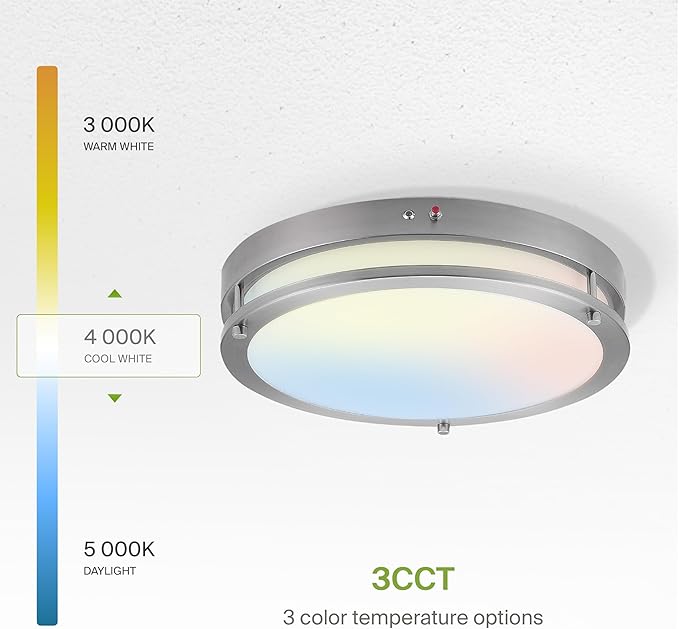 ASD LED 16" Round Flush Mount Lighting, Close to Ceiling Light Fixture | 3CCT, Dimmable, Battery Backup, ETL Listed | 24W 2150LM 3000-5000K 100-277V | Low Profile Double Ring Lamp | Nickel