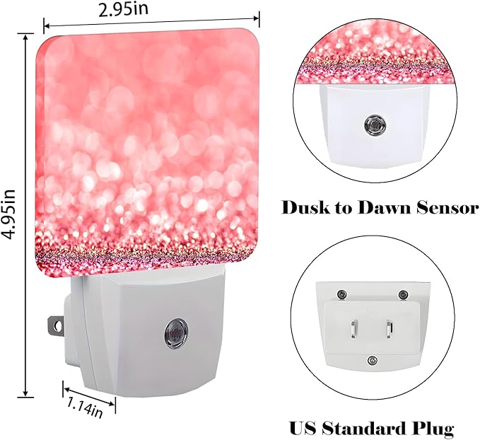 Pink Glitter Night Light,Plug Into Wall for Boys Girls Bedroom Decorative Square Night Light Lamp 0.5w Sleep Friendly