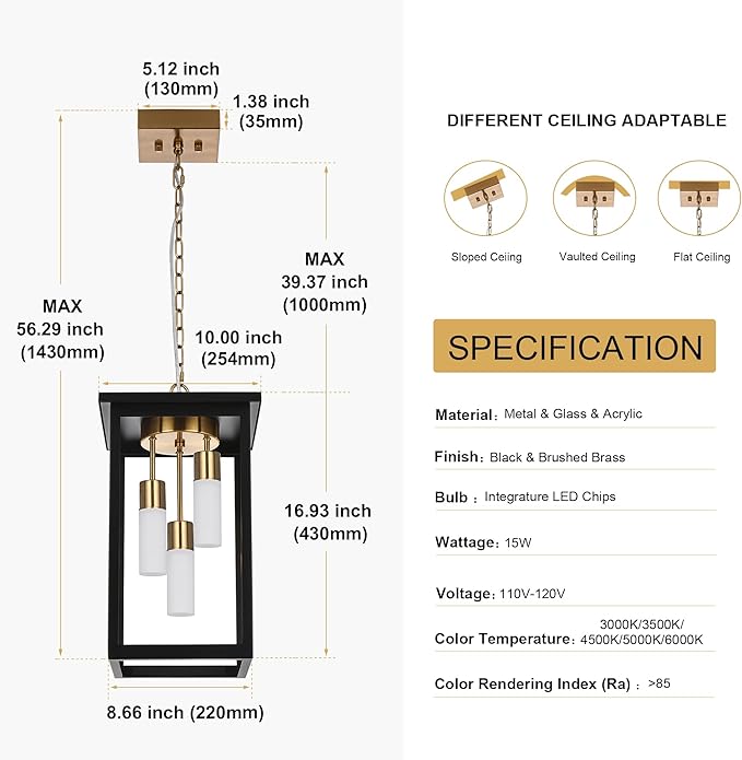TODOLUZ 3-Light Large Outdoor Pendant Light with Frosted Coloum, 5CCT Dimmable Exterior Chandelier Hanging Porch Lighting (3000K/3500K/4500K/5000K/6000K)