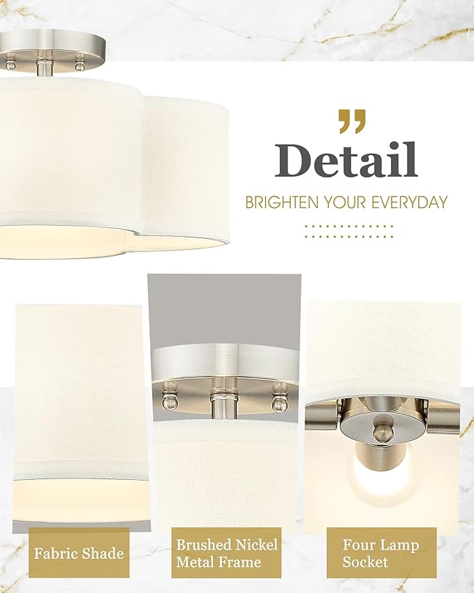 Semi Flush Mount 4-Light 14Inch Ceiling Lights with Fabric Shade in Quatrefoil Shape, Brushed Nickel for Nursery, Hallway, Bedroom, Kitchen - AD-22007-4SF-SN