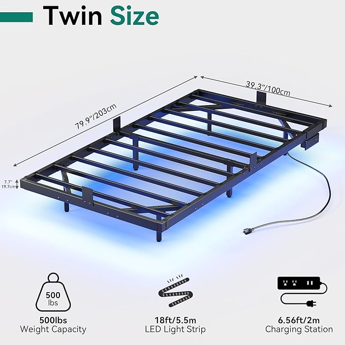 YITAHOME Floating Bed Frame Twin Size, LED Bed Frame with Charging Station, Metal Platform Twin Bed with Heavy Duty Steel Slats Supports, No Box Spring Needed, Easy Assembly, Black
