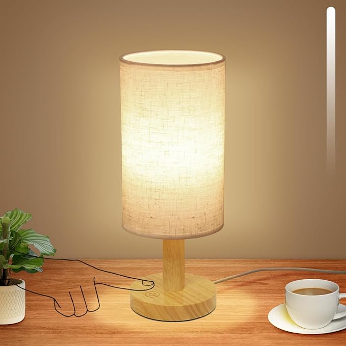 Small Touch Table Lamp with Stepless Dimming&USB Plug,Natural Round Wood Base&Linen Fabric Shade |Soft Ambient Warm Night Light|Minimalist Boho Bedside Lamp for Bedroom,Nightstand,Nursery,Kitchen,Dorm