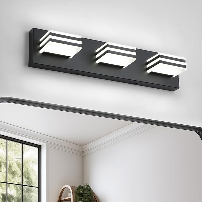 Black Vanity Lights 3 Light Bar Light for Bathroom 20 Inch Mirror Light Fixtures Black Bath Lamps above Mirror 18W Vanity Sconces Modern Bathroom Sink Lights Acrylic Wall Lighting for Restroom