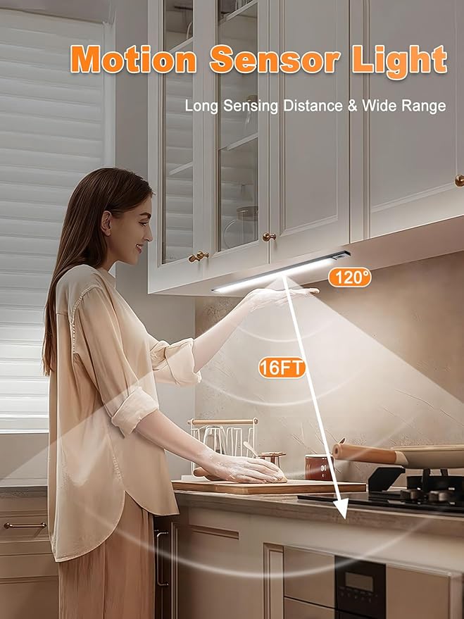 SPOLI Under Cabinet Lighting, Motion Sensor Kitchen Light Indoor, 1800mAh Battery Operated Closet Lights, 54 LED Dimmable Stairs, 2 Pack Magnetic Under Counter Lights for Kitchen - Black 12"