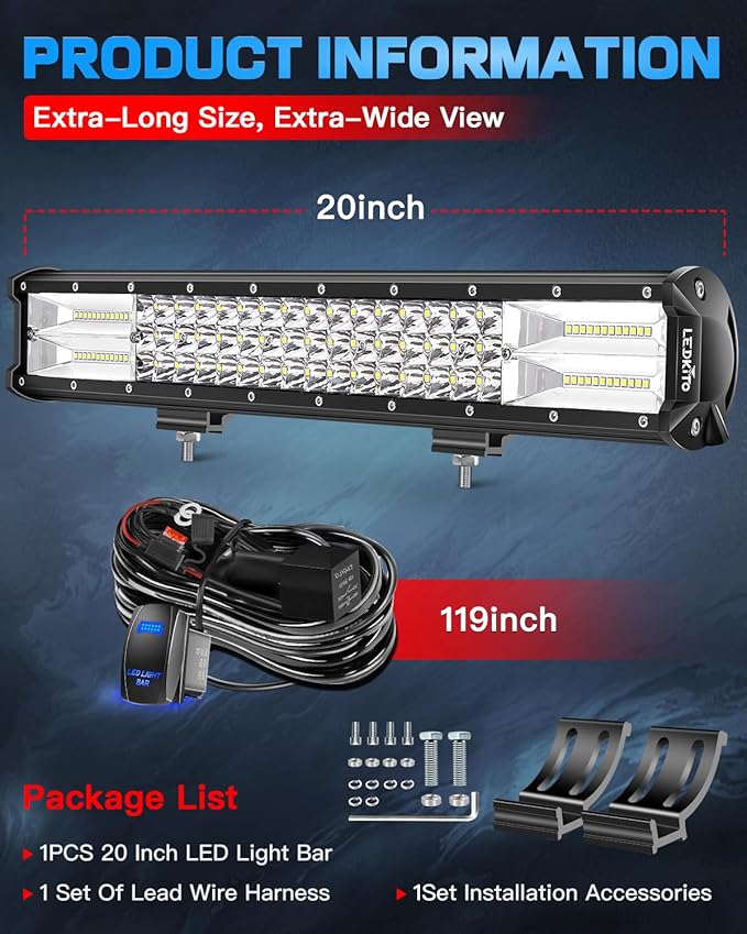 20 Inch LED Light Bar 280W 36000LM LED Off Road Driving Lights Spot Flood Combo with Rocker Switch 20AWG Wiring Harness Kit Work Fog Lamps for ATV UTV SUV Trucks Pickup Tractor Golf 4x4 Boat