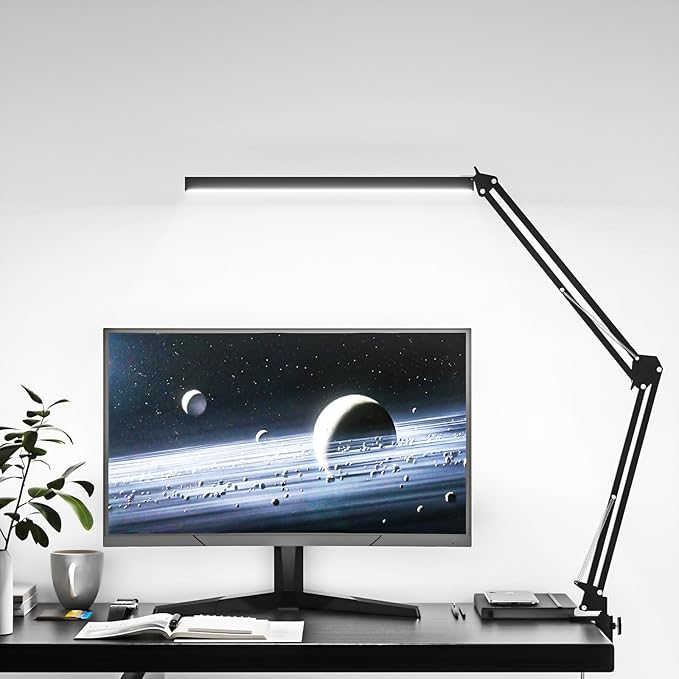 LED Desk Lamp, Manicure Table Lamp, Eye-Caring Drafting Light, Dimmable Office Table Lamp with 3 Color Modes, 10 Brightness Levels & Adapter, Memory Function(Black)