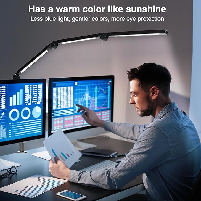 LED Desk Lamp with Clamp, Adjustable Swing Arm for Home Office, Dimmable Tempering Eye Care Table Light, Black Aluminum