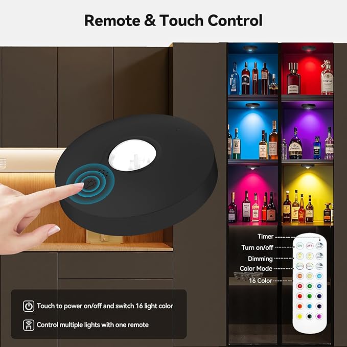 Yiliaw Rechargeable Puck Lights with Remote, Magnetic Under Cabinet Lighting, 1500mAh Battery Operated LED Lights for Kitchen, Closet, Shelf - 3 Color Temps & 12 RGB, Black, 3 Pack