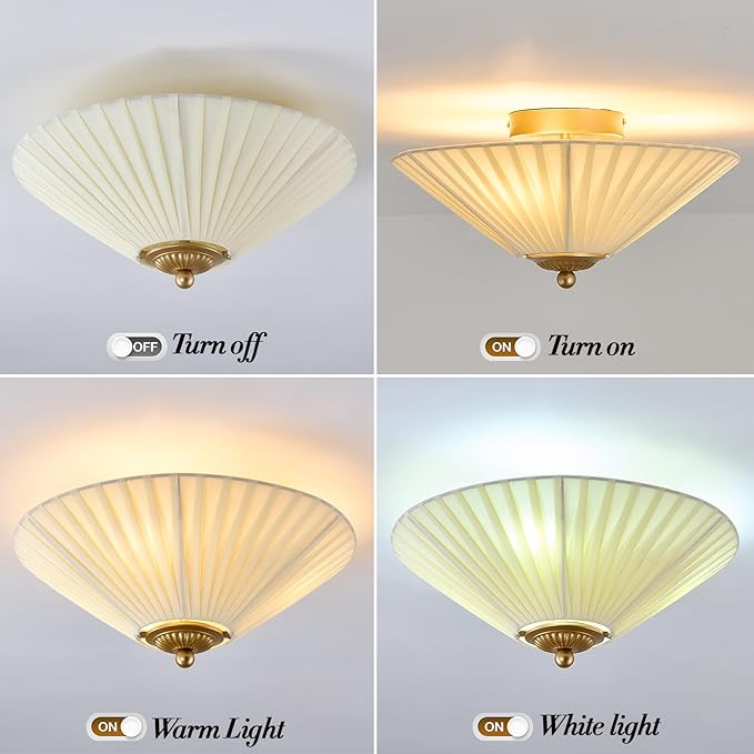 UOFUS 14.2" Flush Mount Ceiling Light with Pleated Linen Fabric Shade 3-Light Gold Close to Ceiling Light Fixture Cone-Shaped Modern Ceiling Lamp for Bedroom Hallway Entryway Nursery Kitchen