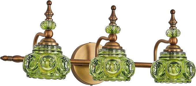 Vintage 3-Light Bathroom Vanity Light Fixtures, Modern Brass Vanity Wall Sconces Over Mirror with Green Glass Shade for Bathroom Bedroom Living Room