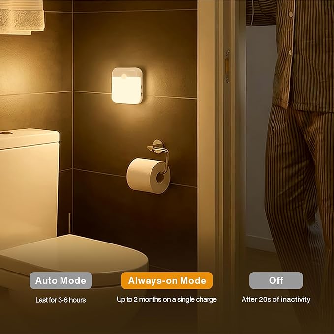 4 Pack Motion Sensor Night Light, Rechargeable Motion Activated Night Light, 60LM, 2-Mode, Stick-on Battery Operated Nightlight for Stairway, Hallway, Kitchen, Closet, Cabinet, Bedroom