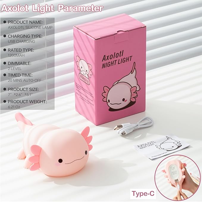 Axolotl Lamp, Axolotl Cute Night Light Gifts, Rechargeable Bedside Nightlight, Dimmable Squishy Silicone Animal Touch Lamp, Baby Room Decor, Pink Night Light for Kids Teens Girls Lovers