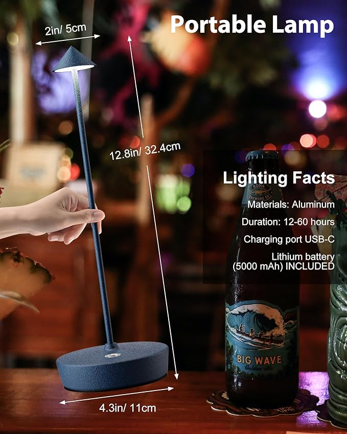 Cordless Table Lamps Rechargeable, 6000mAh Battery Operated LED Desk Lamp Outdoor Waterproof Portable Touch Dimmable Table Light for Patio Restaurant Dining Home Set of 2 Blue