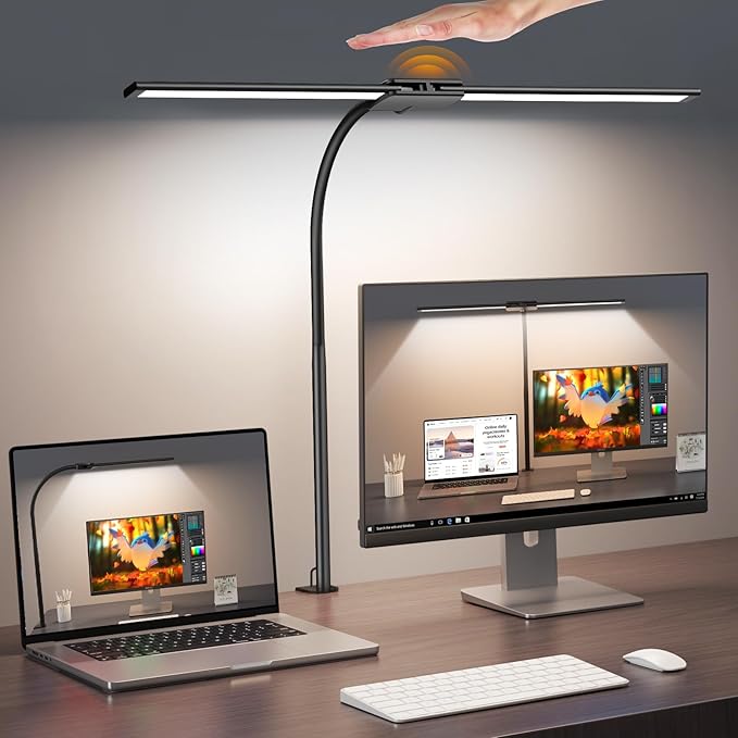 Syrinx LED Desk Lamp for Home Office – Eye-Caring Dual Head Desk Light with Flexible Gooseneck, Clamp, Gesture/Wired Control, 50 Lighting Modes with Memory/Timer for Study, Crafting