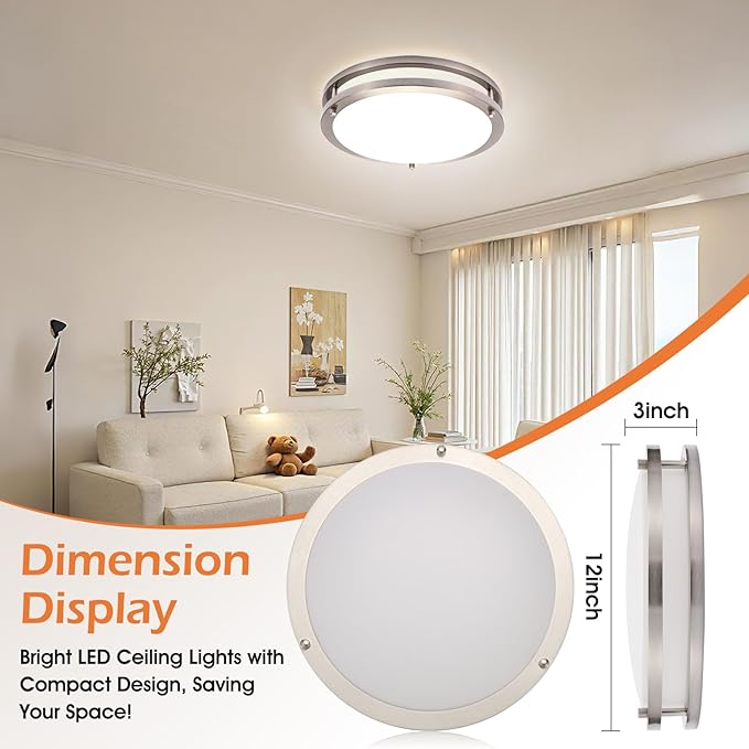 36W Dimmable LED Ceiling Light Fixture, 12 inch Flush Mount Light Fixture, Ceiling Lights for Bedroom, Kitchen, Bathroom, Super Bright 4000 Lumens, 400W Equivalent, 5000K Daylight White, UL Listed